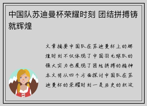 中国队苏迪曼杯荣耀时刻 团结拼搏铸就辉煌