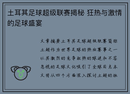 土耳其足球超级联赛揭秘 狂热与激情的足球盛宴