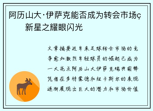 阿历山大·伊萨克能否成为转会市场的新星之耀眼闪光
